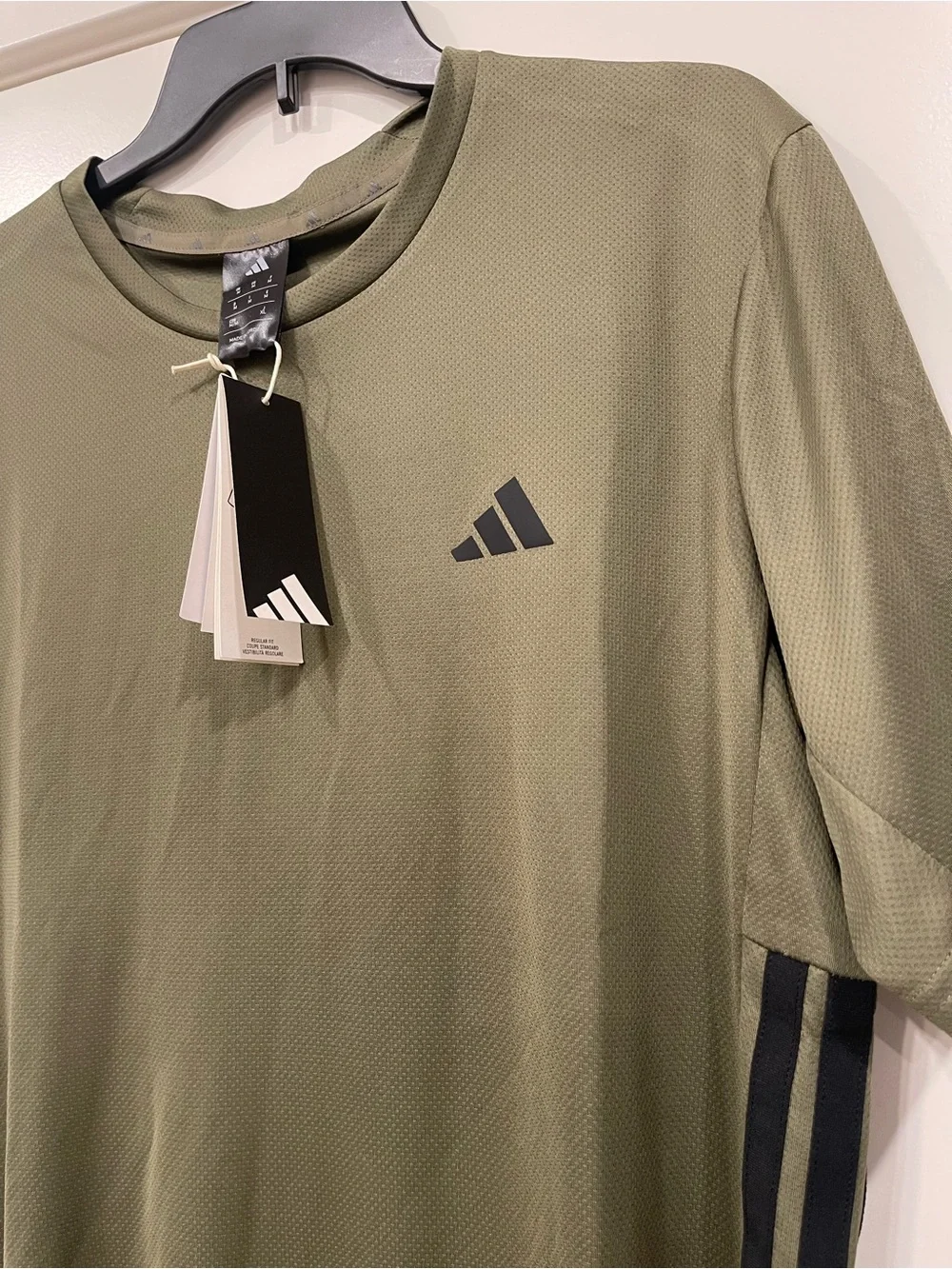 adidas Olive Green Short Sleeve Performance Tee with Black Stripes